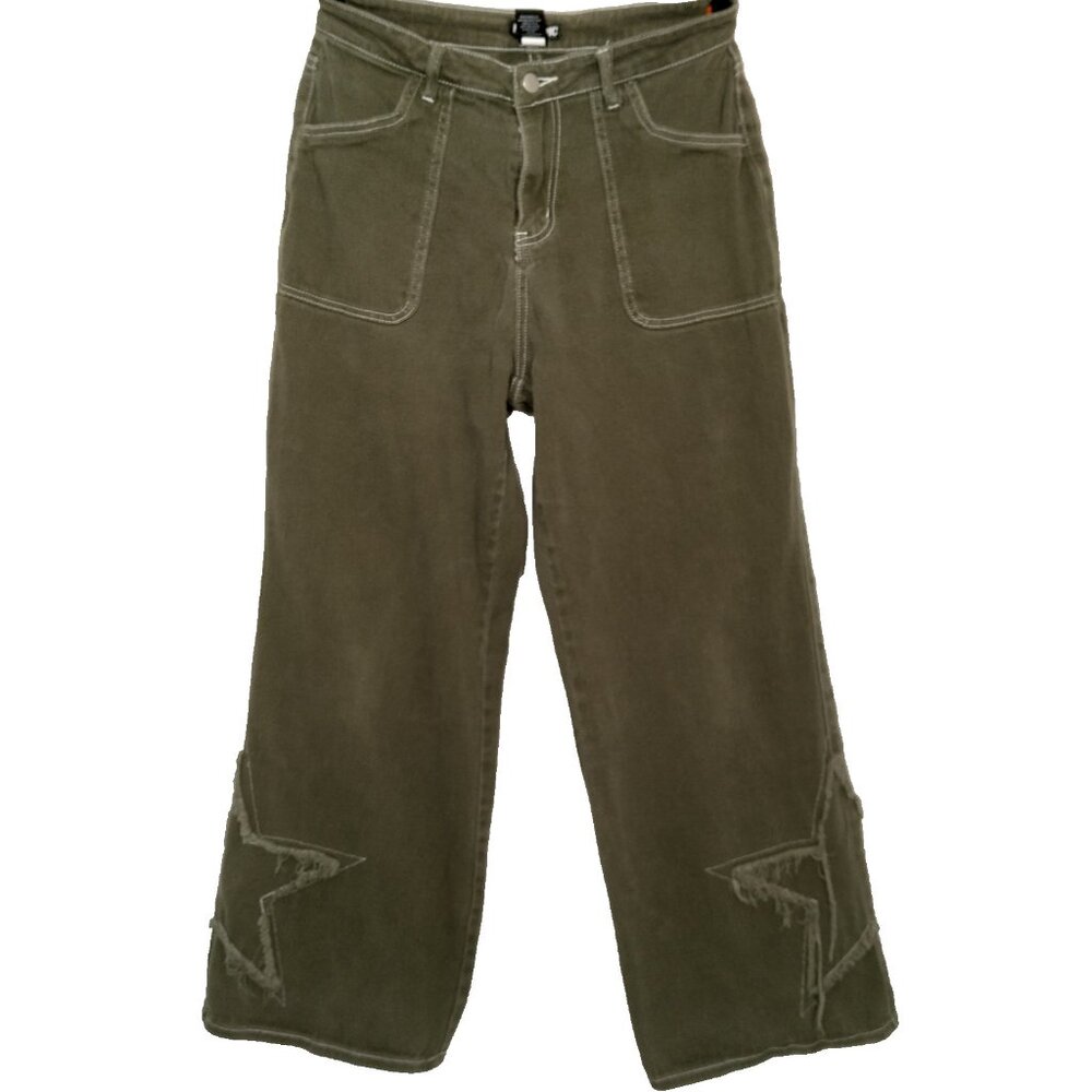 Hot Topic Wide Leg Pants Junior Size 9 Khaki Green Heavy Twill Distressed Stars
